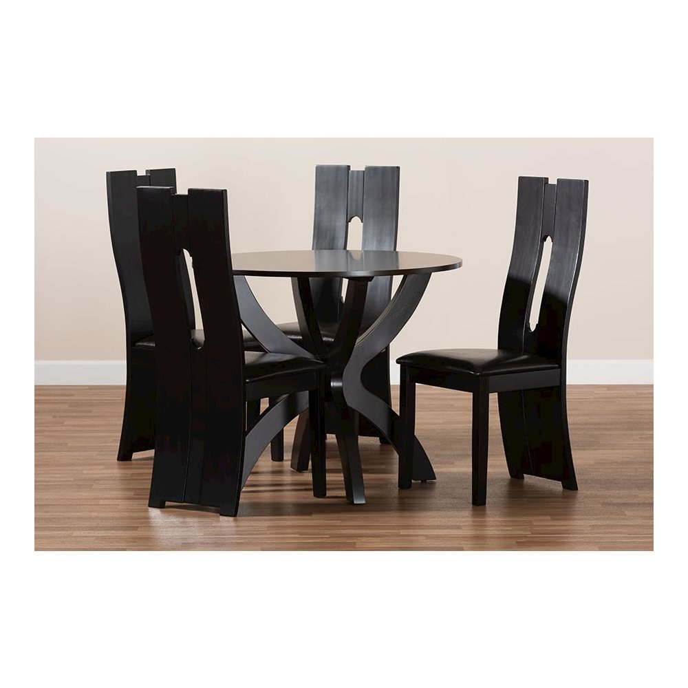 Leather Upholstered and Dark Brown Finished Wood 5-Piece Dining Set