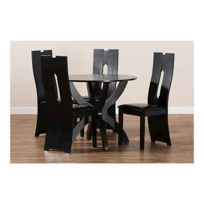 Leather Upholstered and Dark Brown Finished Wood 5-Piece Dining Set