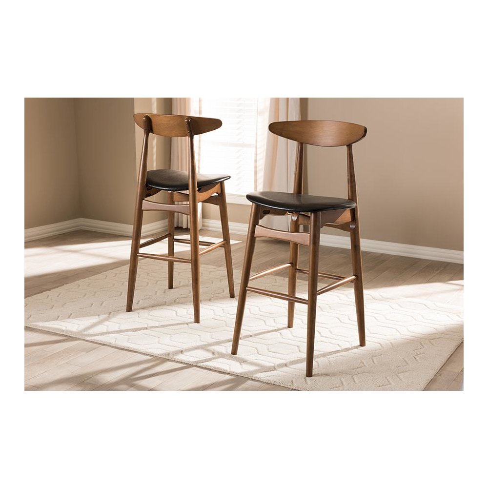 Leather Upholstered Walnut Finished Bar Stool (Set of 2)