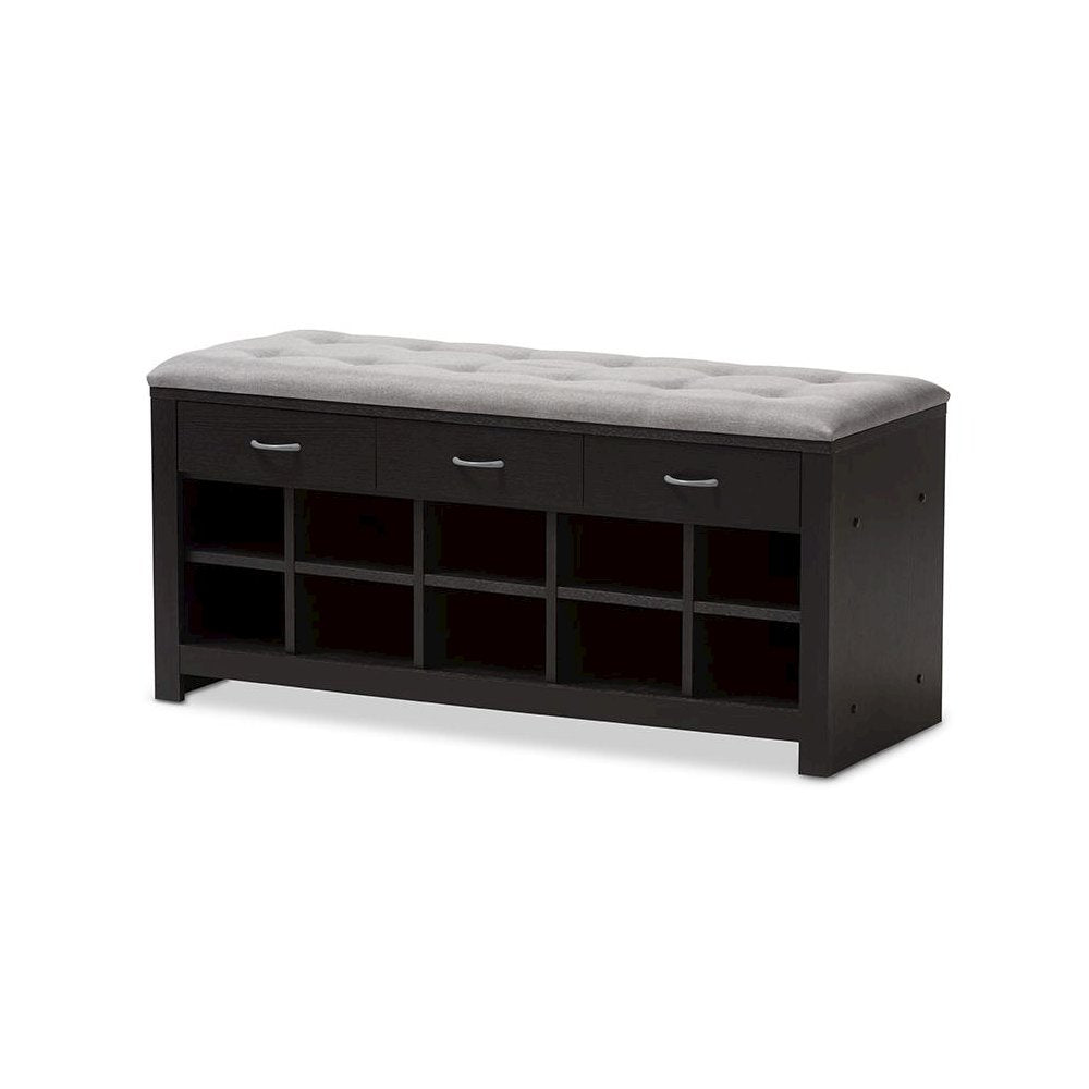 Espresso Finished Grey Fabric Upholstered Cushioned Entryway Bench