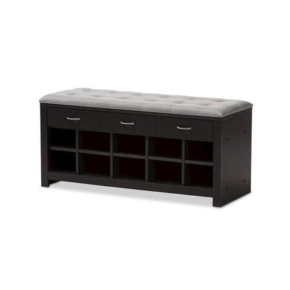 Espresso Finished Grey Fabric Upholstered Cushioned Entryway Bench