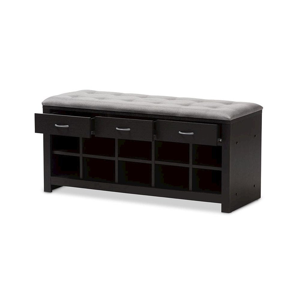 Espresso Finished Grey Fabric Upholstered Cushioned Entryway Bench