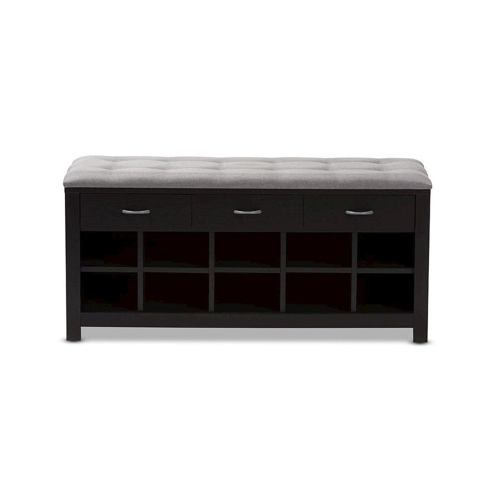 Espresso Finished Grey Fabric Upholstered Cushioned Entryway Bench