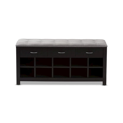 Espresso Finished Grey Fabric Upholstered Cushioned Entryway Bench