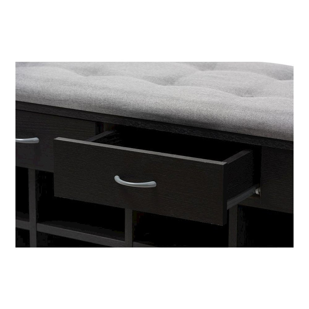 Espresso Finished Grey Fabric Upholstered Cushioned Entryway Bench
