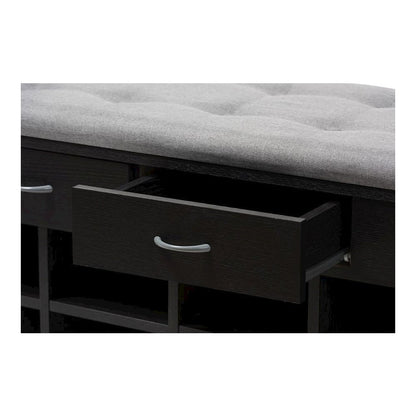 Espresso Finished Grey Fabric Upholstered Cushioned Entryway Bench
