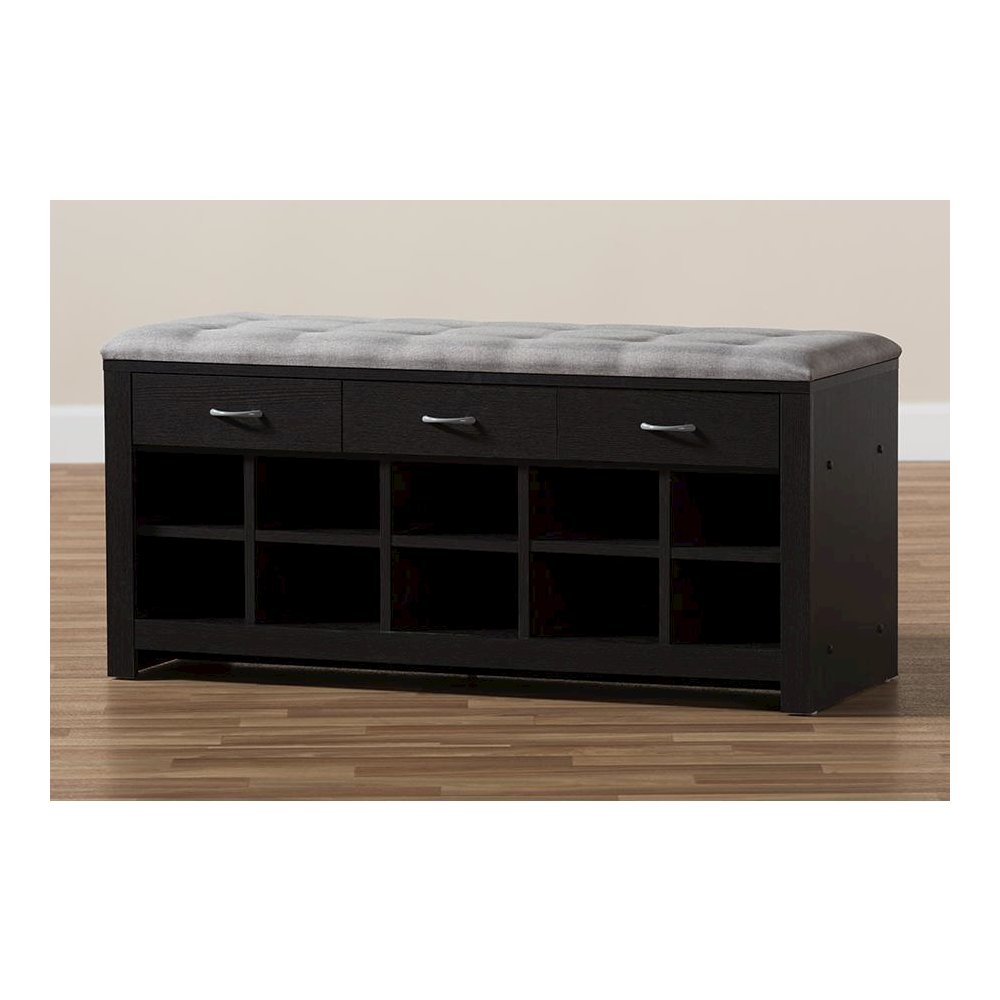 Espresso Finished Grey Fabric Upholstered Cushioned Entryway Bench