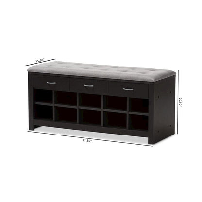 Espresso Finished Grey Fabric Upholstered Cushioned Entryway Bench