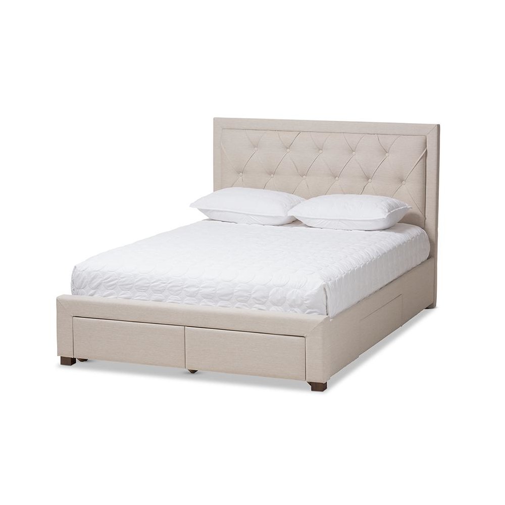 Light Beige Fabric Upholstered Queen Size Storage Bed