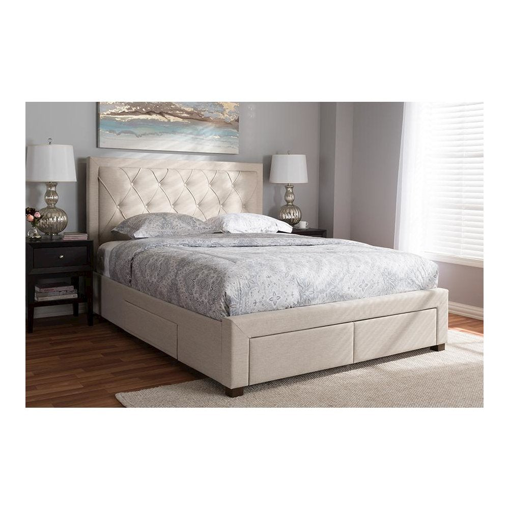 Light Beige Fabric Upholstered Queen Size Storage Bed