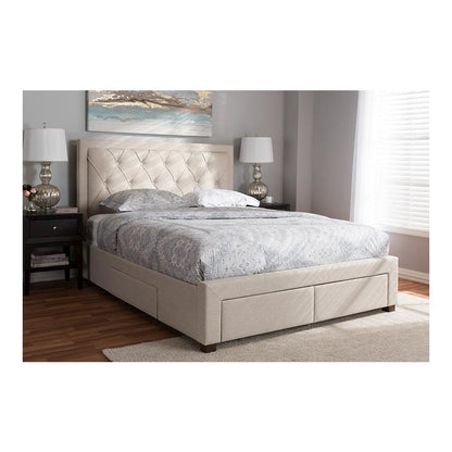 Light Beige Fabric Upholstered Queen Size Storage Bed