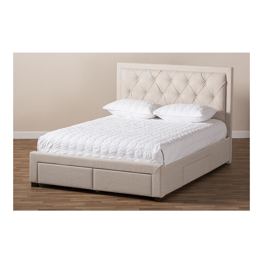 Light Beige Fabric Upholstered Queen Size Storage Bed