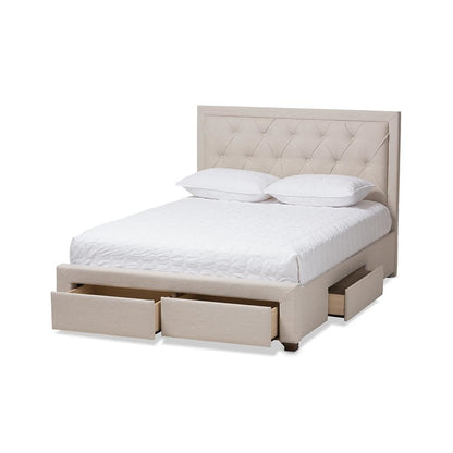 Light Beige Fabric Upholstered Queen Size Storage Bed