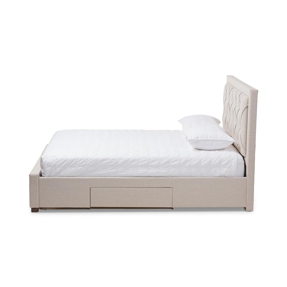 Light Beige Fabric Upholstered Queen Size Storage Bed