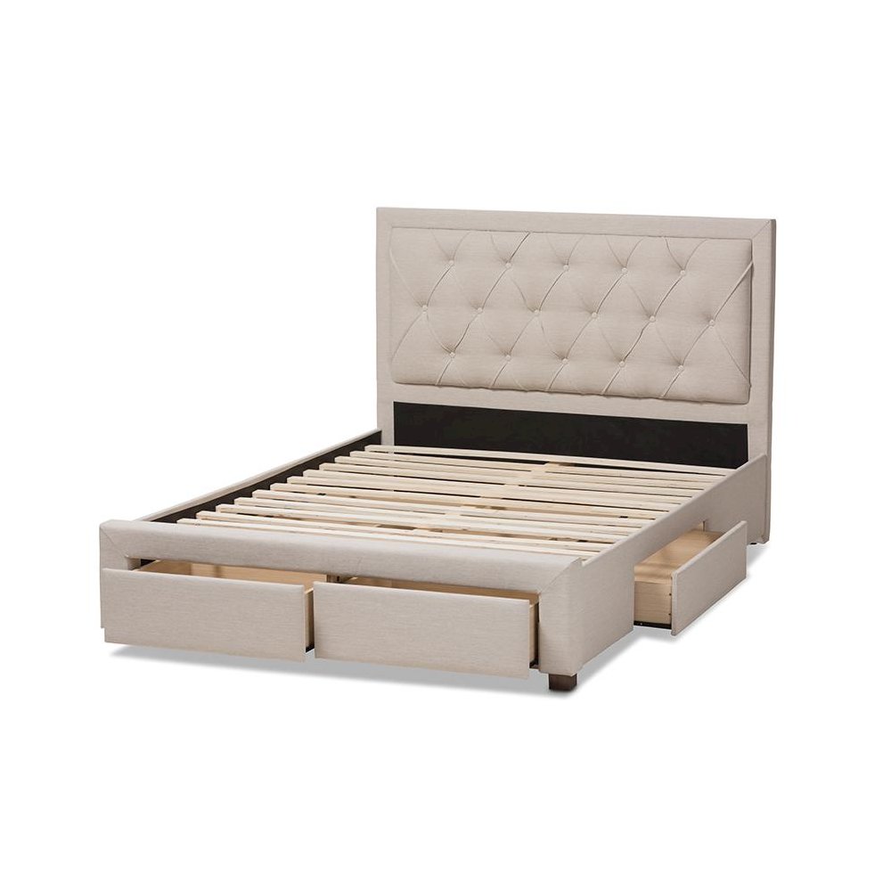 Light Beige Fabric Upholstered Queen Size Storage Bed