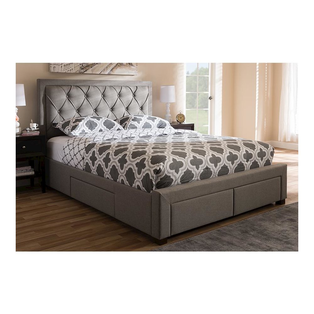 Light Grey Fabric Upholstered Queen Size Storage Bed
