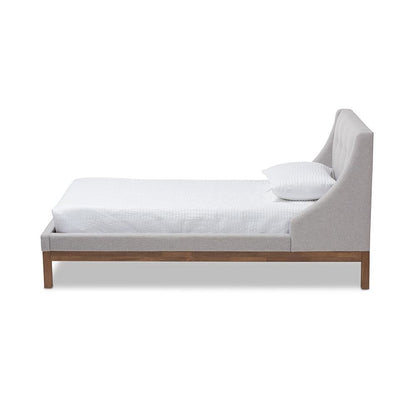 Greyish Beige Fabric Upholstered Walnut-Finished Twin Sized Platform Bed