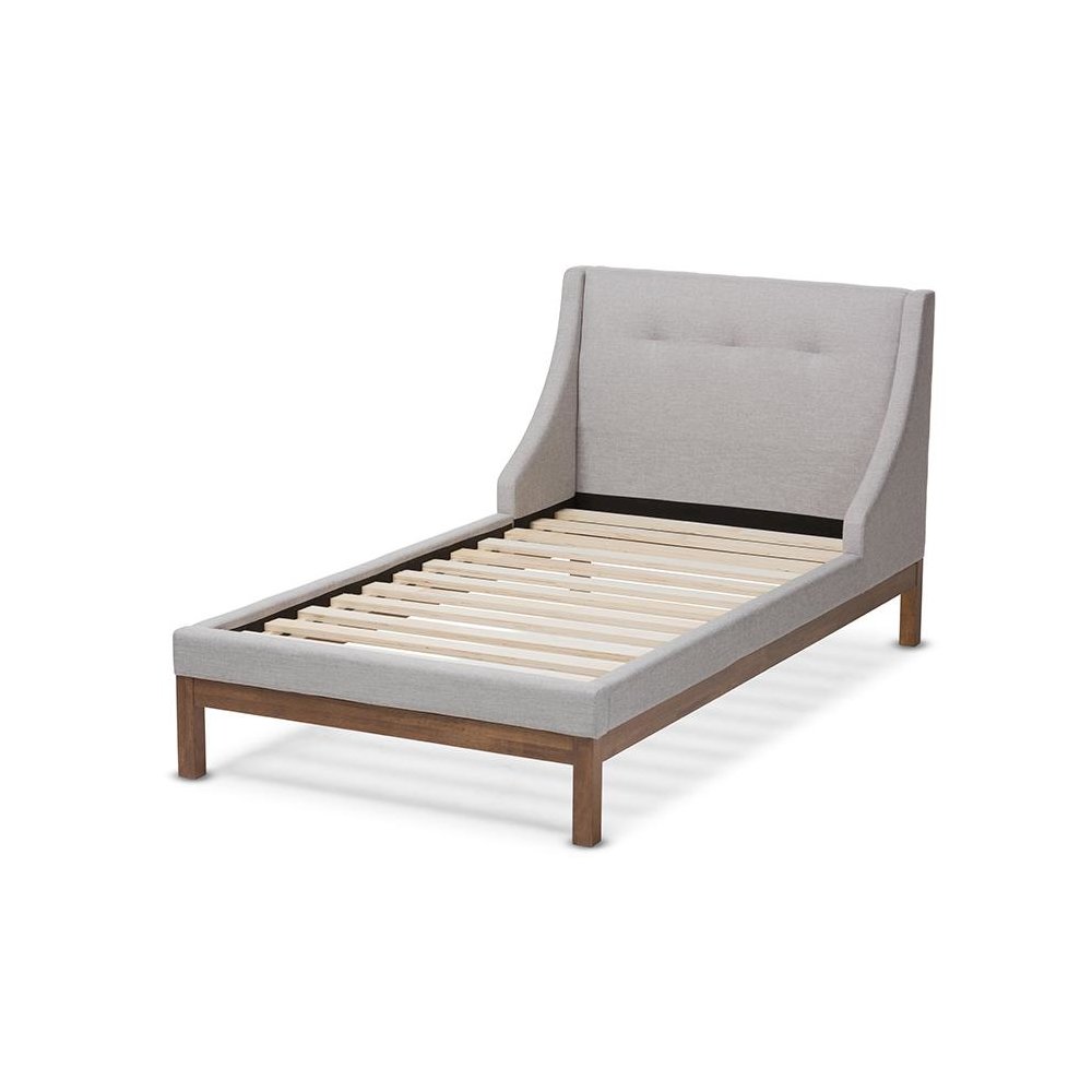 Greyish Beige Fabric Upholstered Walnut-Finished Twin Sized Platform Bed