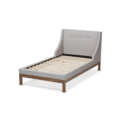 Greyish Beige Fabric Upholstered Walnut-Finished Twin Sized Platform Bed