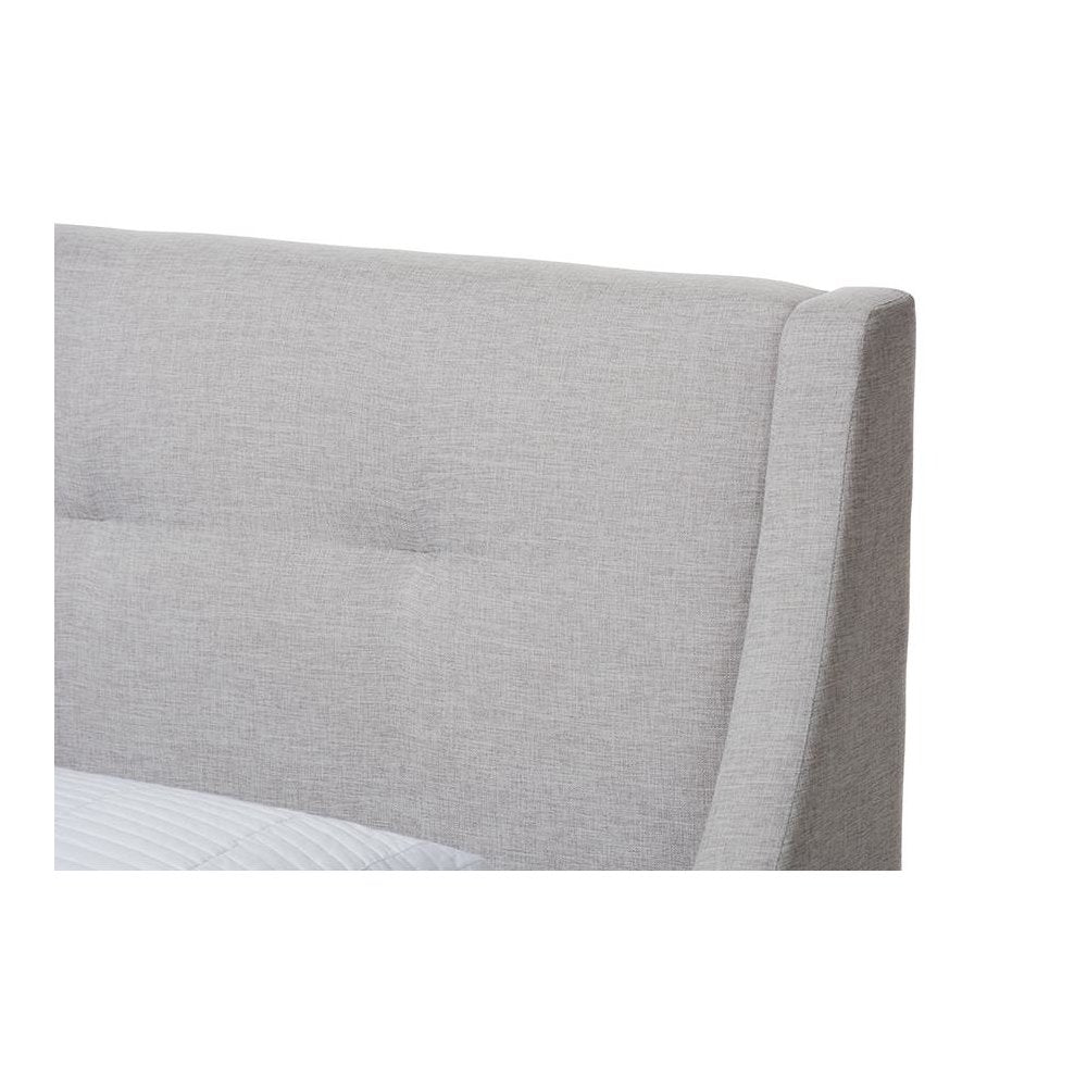 Greyish Beige Fabric Upholstered Walnut-Finished Twin Sized Platform Bed
