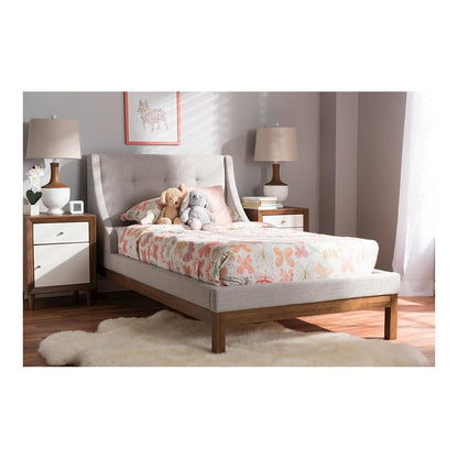 Greyish Beige Fabric Upholstered Walnut-Finished Twin Sized Platform Bed