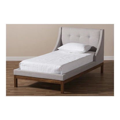 Greyish Beige Fabric Upholstered Walnut-Finished Twin Sized Platform Bed
