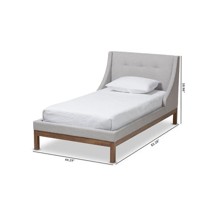 Greyish Beige Fabric Upholstered Walnut-Finished Twin Sized Platform Bed