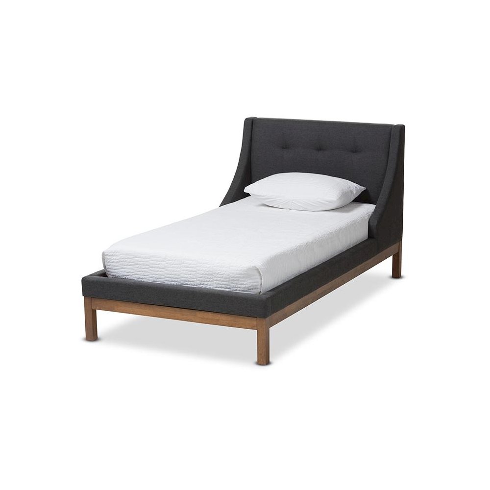 Dark Grey Fabric Upholstered Walnut-Finished Twin Sized Platform Bed
