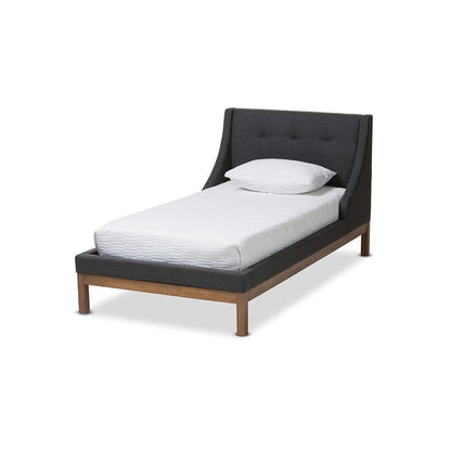 Dark Grey Fabric Upholstered Walnut-Finished Twin Sized Platform Bed