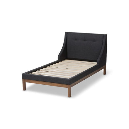 Dark Grey Fabric Upholstered Walnut-Finished Twin Sized Platform Bed