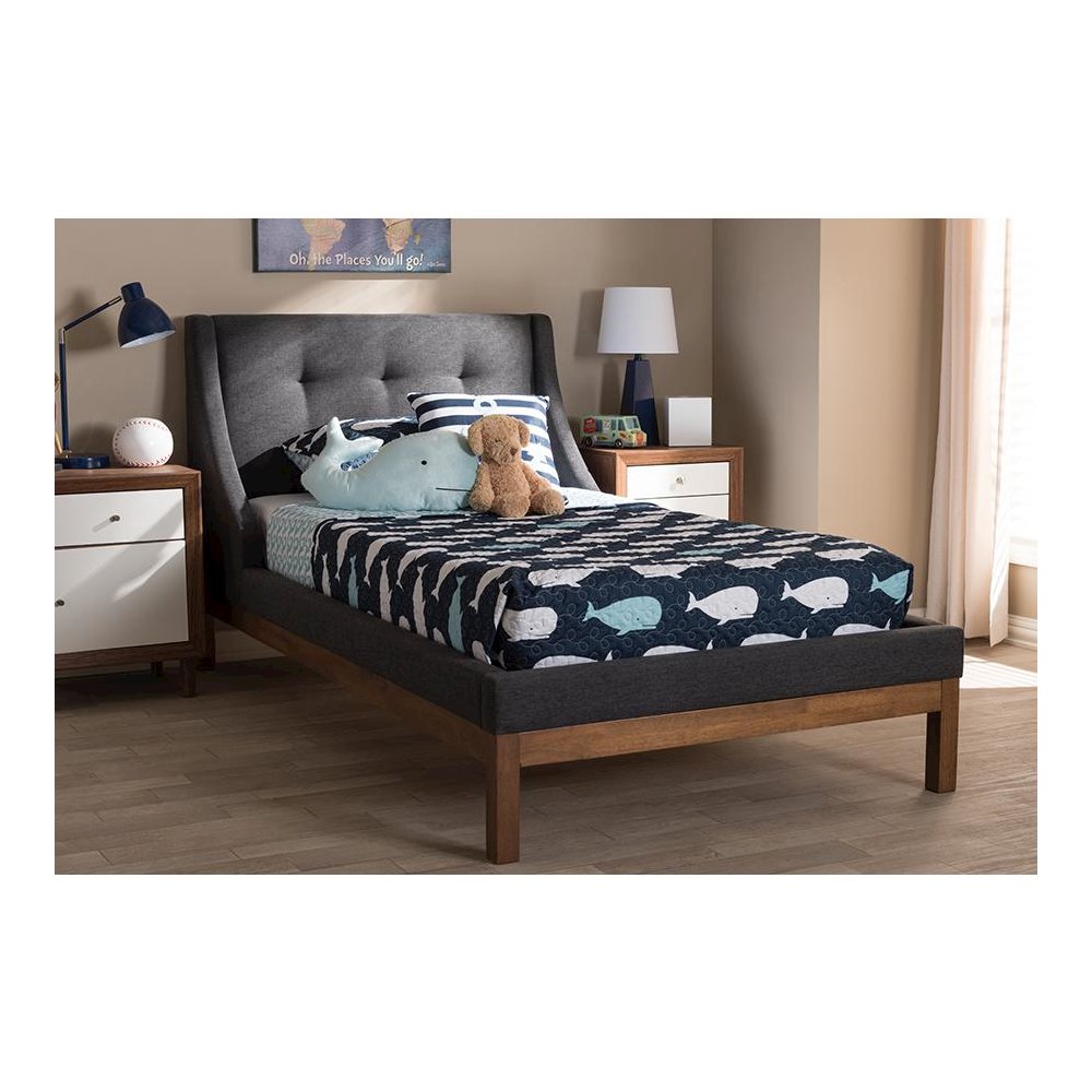 Dark Grey Fabric Upholstered Walnut-Finished Twin Sized Platform Bed