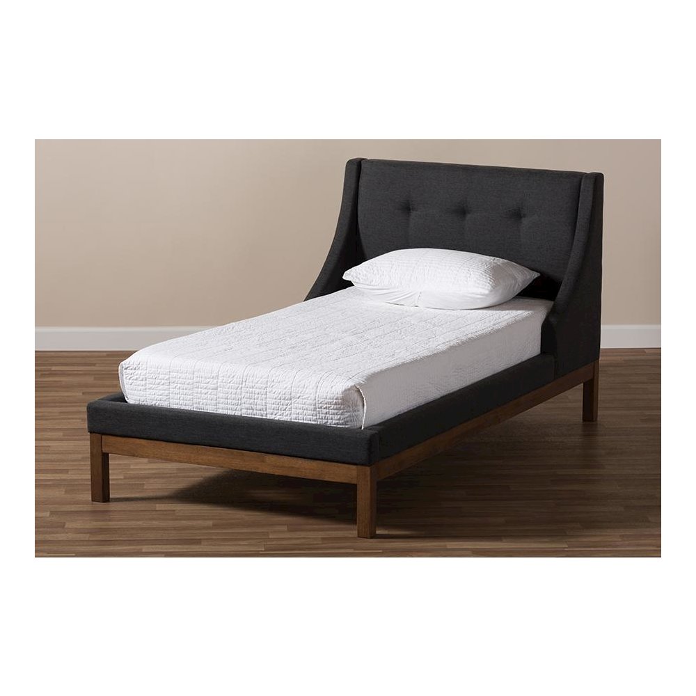 Dark Grey Fabric Upholstered Walnut-Finished Twin Sized Platform Bed