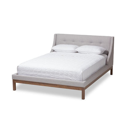 Greyish Beige Fabric Upholstered Walnut-Finished Full Sized Platform Bed