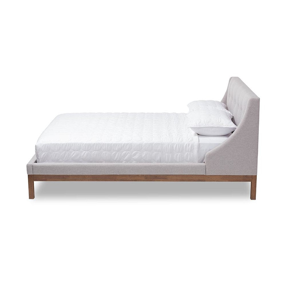 Greyish Beige Fabric Upholstered Walnut-Finished Full Sized Platform Bed