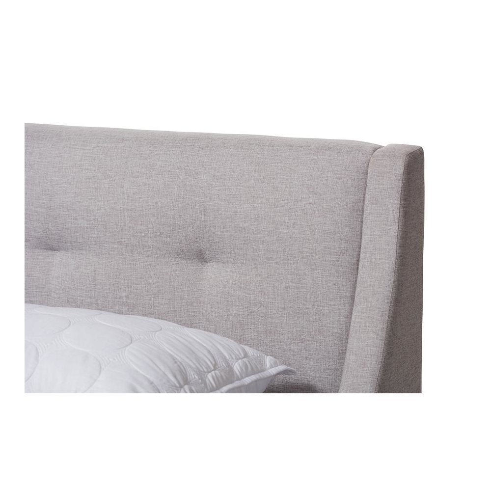 Greyish Beige Fabric Upholstered Walnut-Finished Full Sized Platform Bed