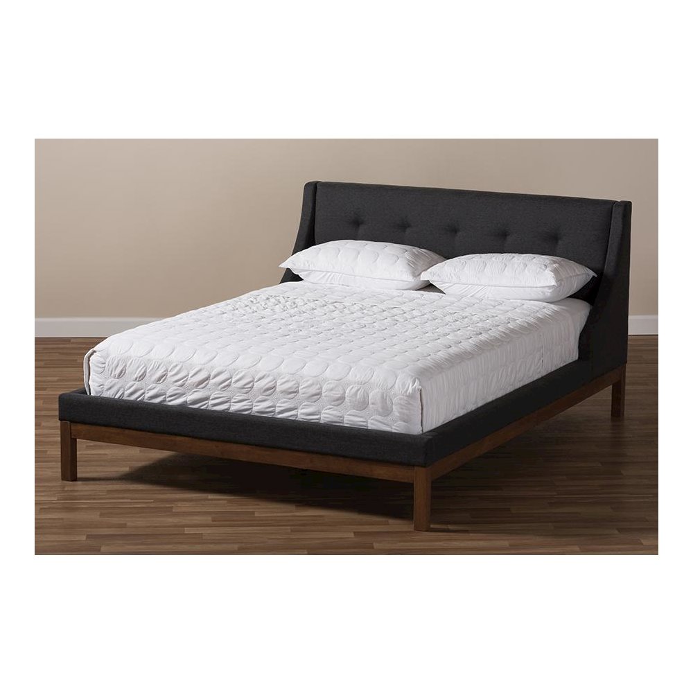 Dark Grey Fabric Upholstered Walnut-Finished Full Sized Platform Bed