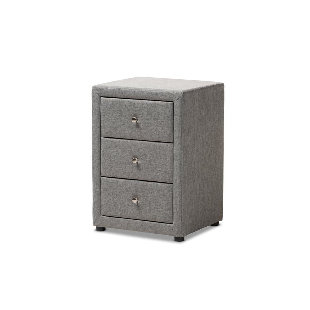 Tessa Modern and Contemporary Grey Fabric Upholstered 3-Drawer Nightstand