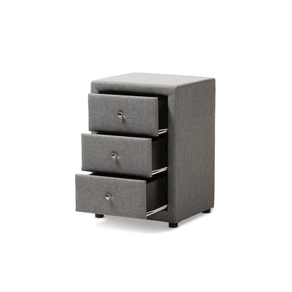Tessa Modern and Contemporary Grey Fabric Upholstered 3-Drawer Nightstand