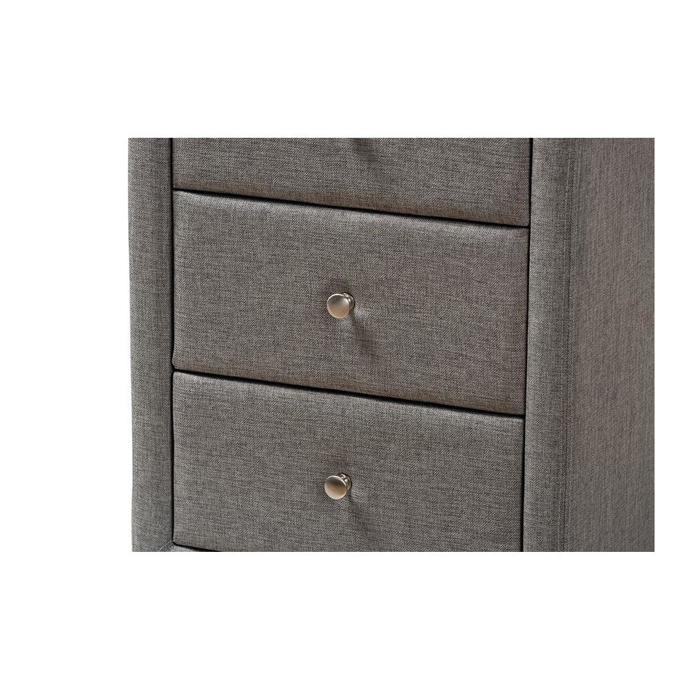 Tessa Modern and Contemporary Grey Fabric Upholstered 3-Drawer Nightstand