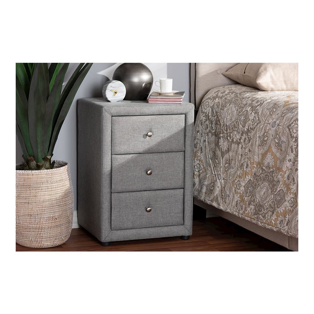 Tessa Modern and Contemporary Grey Fabric Upholstered 3-Drawer Nightstand
