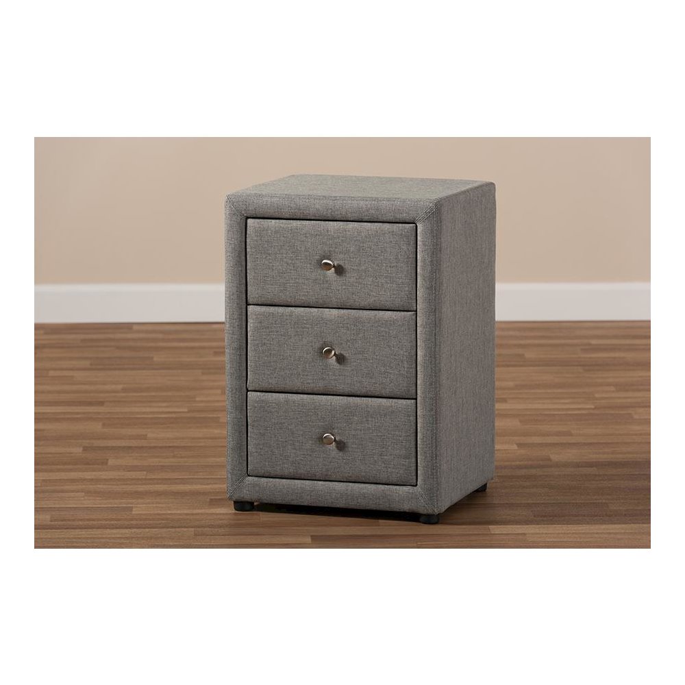 Tessa Modern and Contemporary Grey Fabric Upholstered 3-Drawer Nightstand
