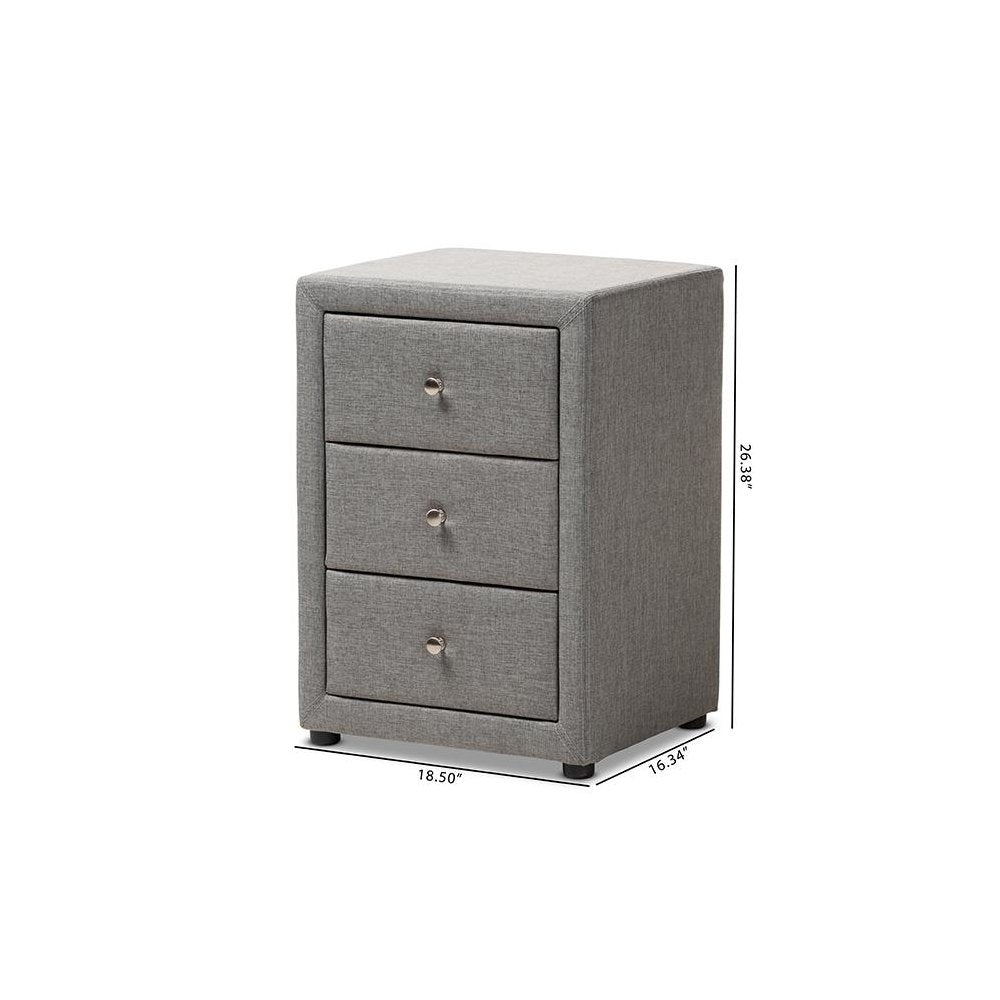 Tessa Modern and Contemporary Grey Fabric Upholstered 3-Drawer Nightstand