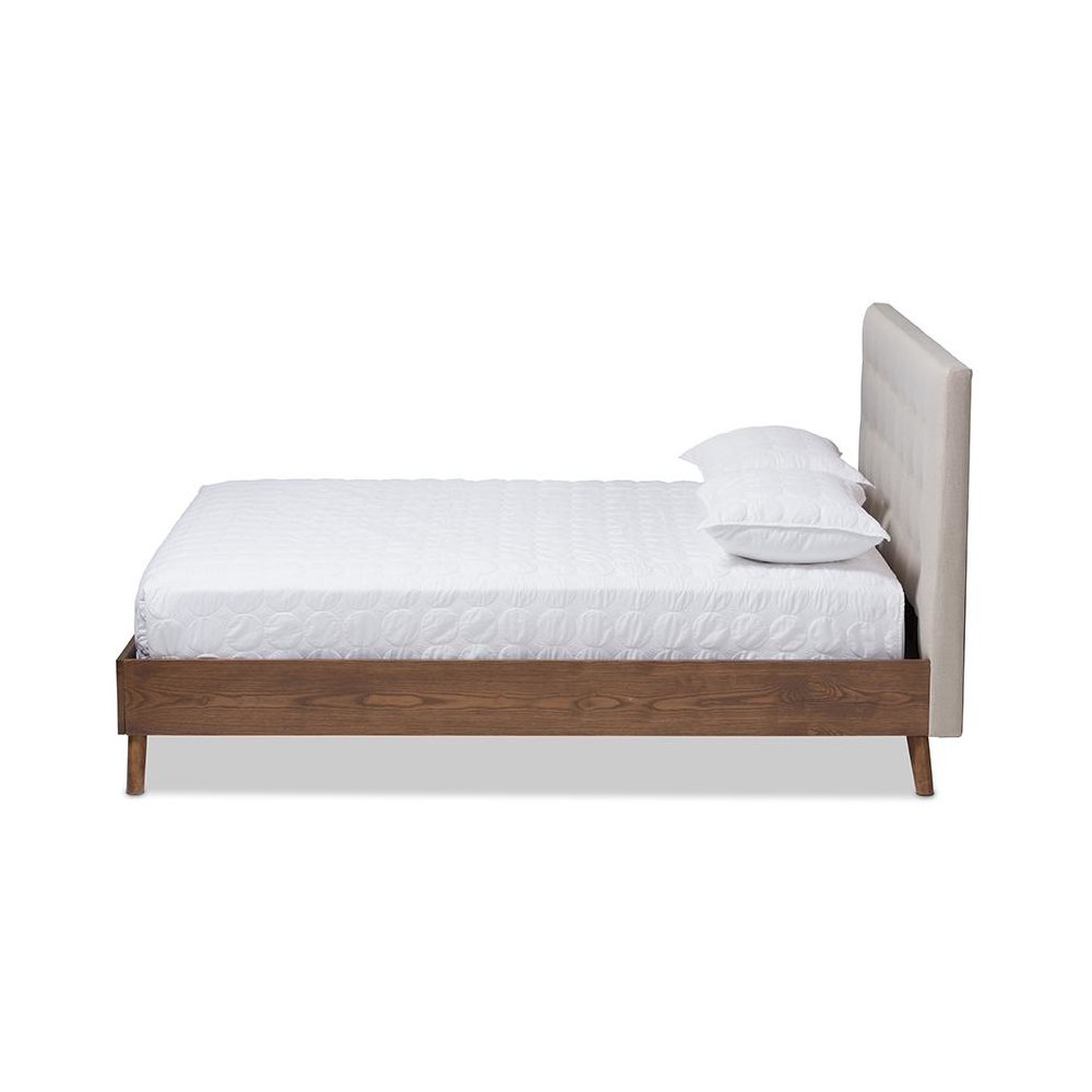 Light Beige Fabric Upholstered Walnut Wood King Size Platform Bed