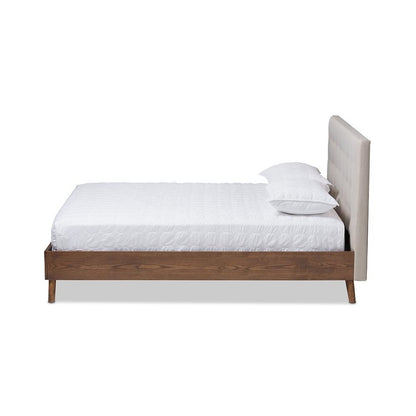 Light Beige Fabric Upholstered Walnut Wood King Size Platform Bed