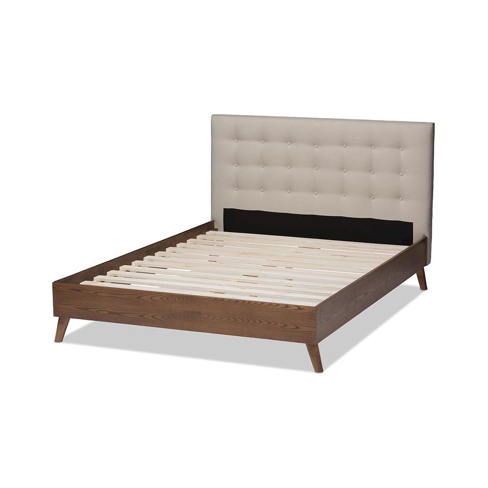 Light Beige Fabric Upholstered Walnut Wood King Size Platform Bed