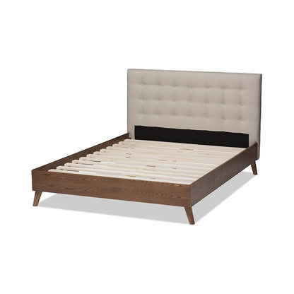 Light Beige Fabric Upholstered Walnut Wood King Size Platform Bed