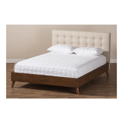 Light Beige Fabric Upholstered Walnut Wood King Size Platform Bed