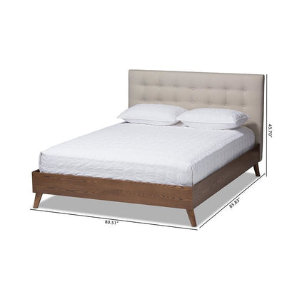 Light Beige Fabric Upholstered Walnut Wood King Size Platform Bed