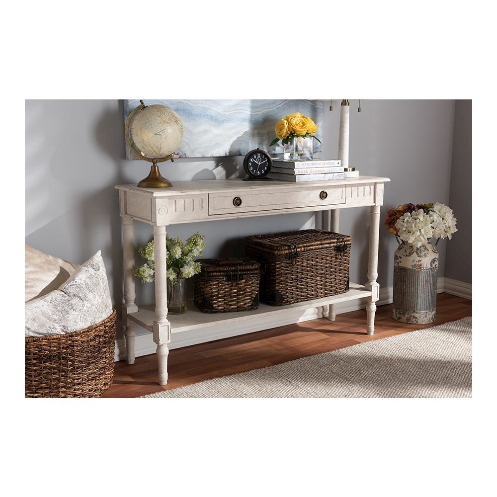 Ariella Country Cottage Farmhouse Whitewashed 1-Drawer Console Table