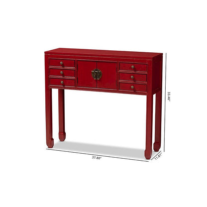 Antique Red Finished Wood Bronze Finished Accents 6-Drawer Console Table